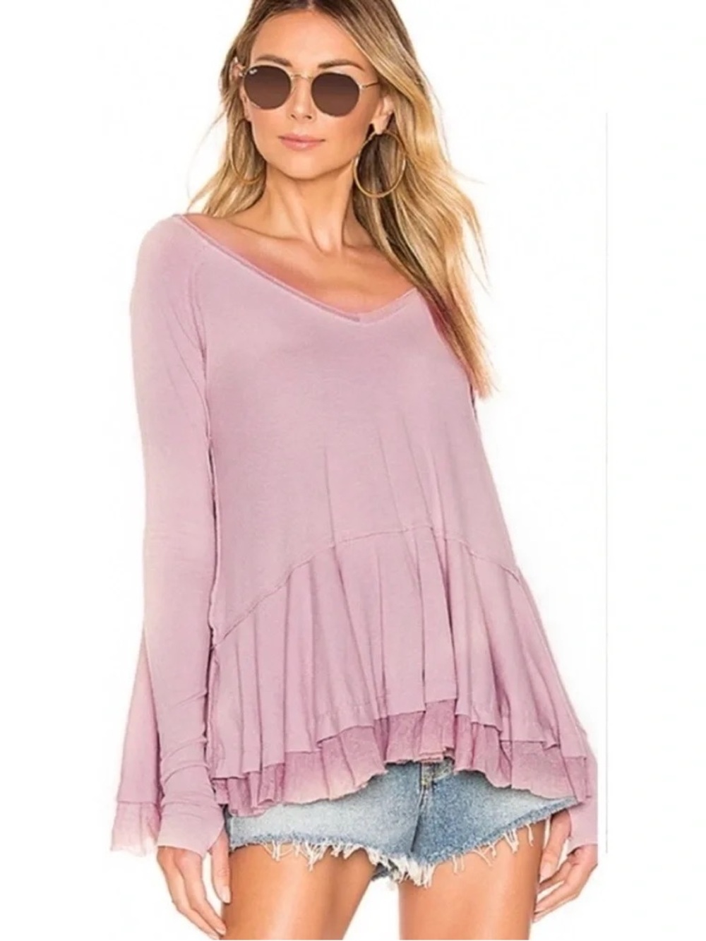 We The Free Tangerine Tee in Mauve Pink Long Sleeve Oversized Flowy Ruffle Hem M